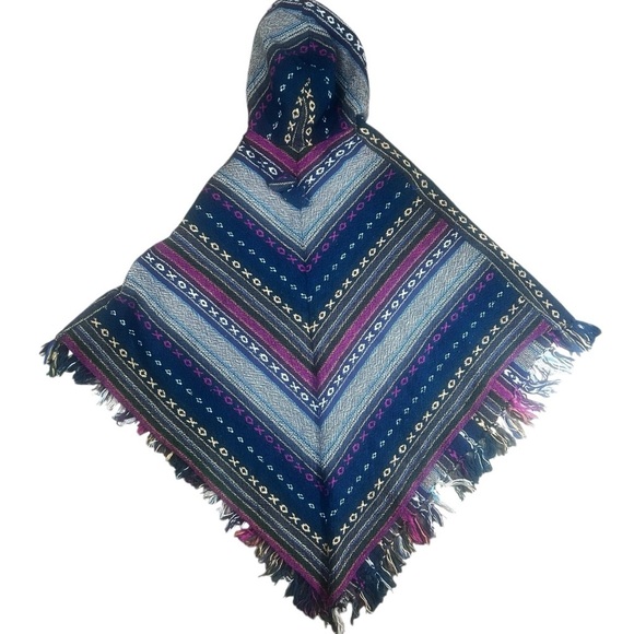 BoHo Wool Poncho Hooded Cape Handmade Hippie India Festival Unisex X's O's - Picture 7 of 16